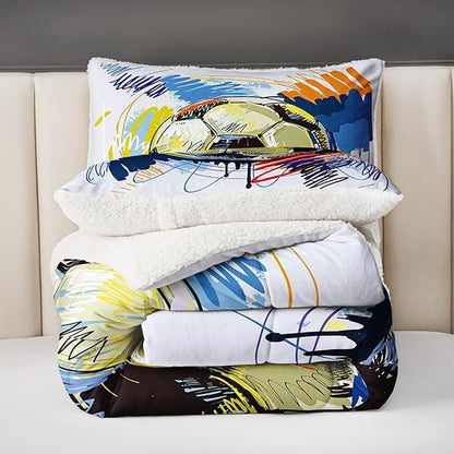 QOOMO Soccer Sherpa Fleece Bedding Set Full Size for Kids Teens with Hand Drawn Football Graffiti Style Comforter & 2 Pillowcases