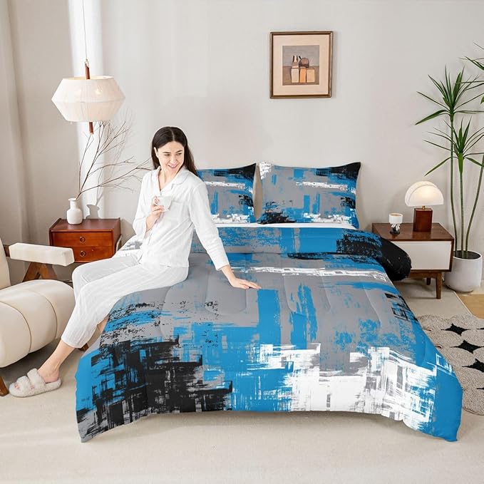 Feelyou Abstract Bedding Set Kids Modern Abstract Art Comforter Set Blue Grey Black Comforter for Boys Room Decor Lightweight Retro Duvet Set Full Size with 2 Pillow Case