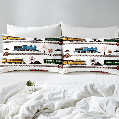 Erosebridal Kids Comforter Set Retro Vintage Train Bedding, Cute Vehicle Printed Colorful Train Comforter for Boys Girls Adults Teens Bedroom Decor All Season Toddler 2 Pieces with 1 Pillowcase