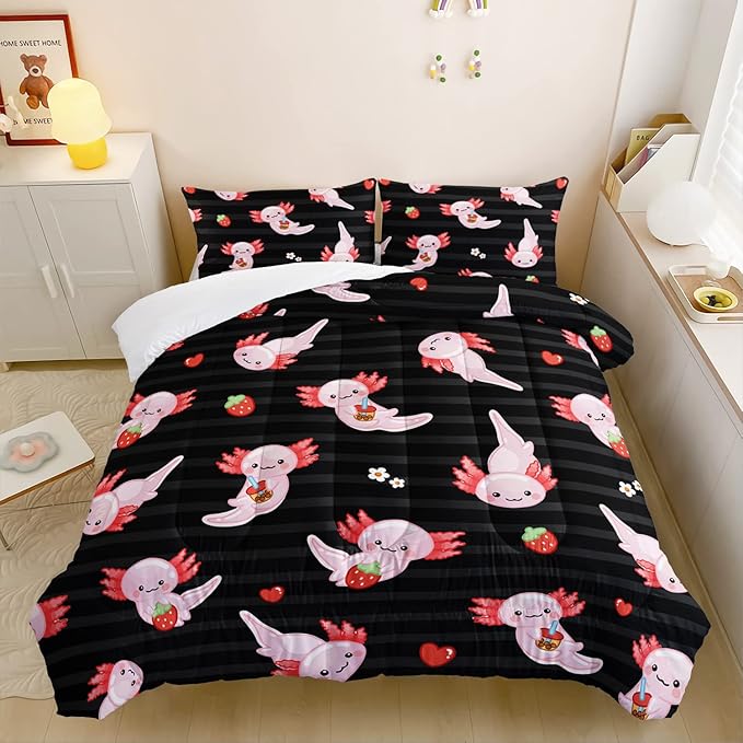 HOSIMA Kids Black Comforter Sets 3 Pieces,Cartoon Axolotl Bedding Sea Wildlife Cute Animals Theme Room Decor,Kawaii Bedding Set Strawberry Comforter Queen Size with 2 Pillowcases.