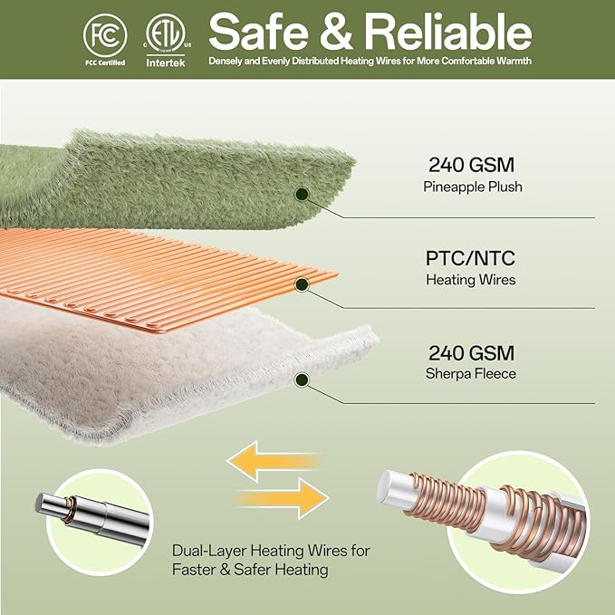 Heated Blanket Electric Blanket Full Size Fuzzy Fleece, 72" x 84" Soft Fluffy Fast Heating Blanket 8 Heating Levels & 10 Hours Auto Off with ETL & FCC Certification, Green