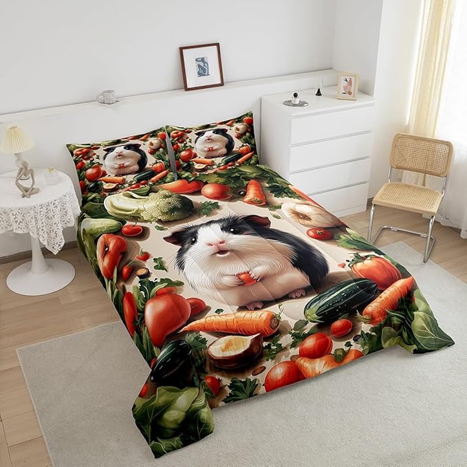 Cute Guinea Pig Comforter Set King Size 3D Fresh Vegetables Bedding Set Bedroom Decor Lovely Wild Animal Quilt Set for Kids Boys Girls Carrot Fruit Duvet Insert 3Pcs