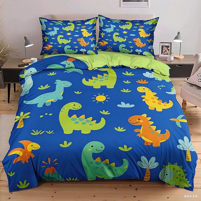 Dinosaur Duvet Cover Sets Full Size for Kids Boys Girls Teens, Cartoon Blue Green Comforter Cover,1 Duvet Cover 79x90 Inches and 2 Pillowcases 20x26 Inches (Full,No Comforter)