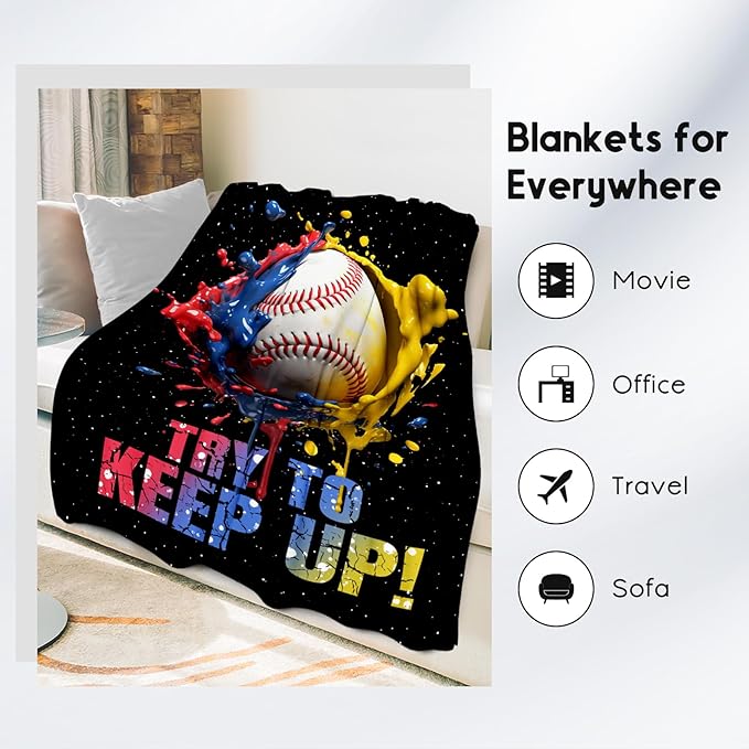 Baseball Blanket, Baseball Gifts for Kids Boys Men, Sport Throw Blankets for Adults Team Player, Soft Flannel Throws Gift Home Decor (Colorful, 50x60 Inch)