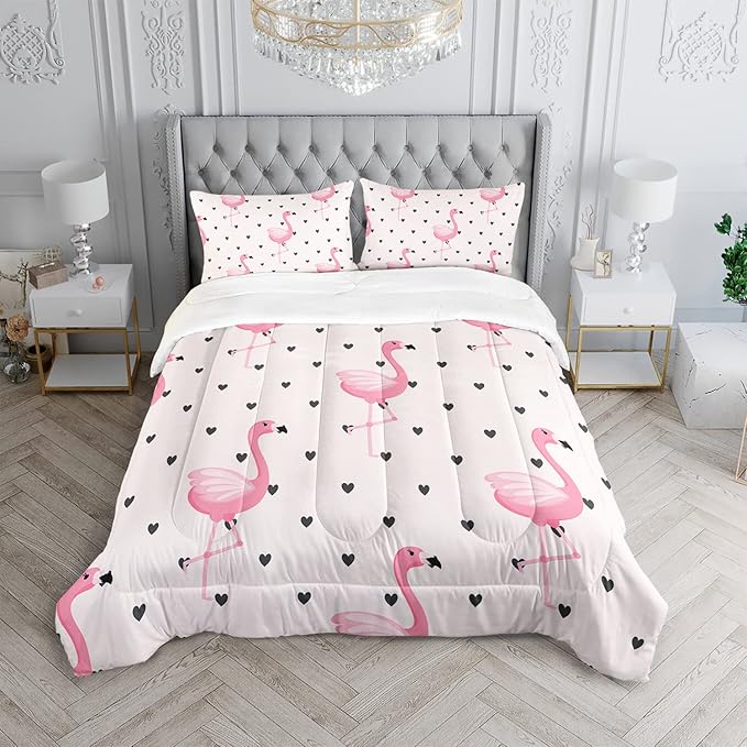 Flamingo Comforter Set Queen Size Tropical Pink Flamingo Love Heart Pattern Bedding Set Kawaii Quilted Duvet for Kids Girls Boys Adult with 1 Comforter and 2 Pillowcases
