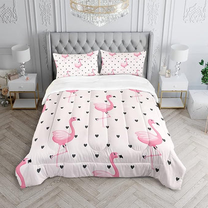 Flamingo Comforter Set Queen Size Tropical Pink Flamingo Love Heart Pattern Bedding Set Kawaii Quilted Duvet for Kids Girls Boys Adult with 1 Comforter and 2 Pillowcases