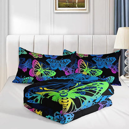 Axolotl Colorful Butterflies Bedding Set,Queen Size Kids Bed Set,Gradient Butterfly Comforter Set,1 Quilt with 2 Pillowcases for Boys Girls Kids Teens Children Adults Room Decor All Season,Black