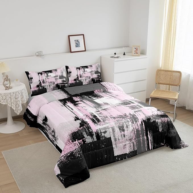 Feelyou Pink Grey Abstract Duvet Quilt Full Size Geometric Bedding Set for Kids Boys Girls Decor Modern Comforter Set Breathable Soft Lightweight Microfiber Buffalo Check Bedroom Decor Bedclothes