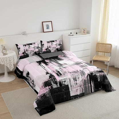 Feelyou Pink Grey Abstract Duvet Quilt Queen Size Geometric Bedding Set for Kids Boys Girls Decor Modern Comforter Set Breathable Soft Lightweight Microfiber Buffalo Check Bedroom Decor Bedclothes
