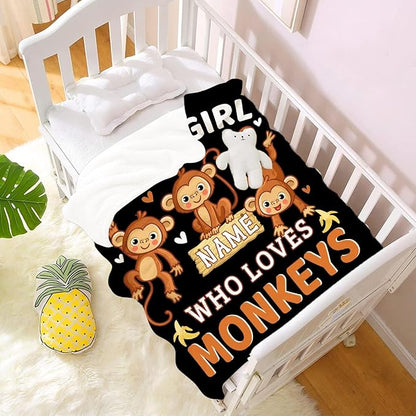 Personalized Throw Blanket for Girls Just A Girl Who Loves Monkeys Custom Blanket Monkeys Gifts for Women Soft Comfortable for Bedding Sofa Camping Chairs 60x80inches