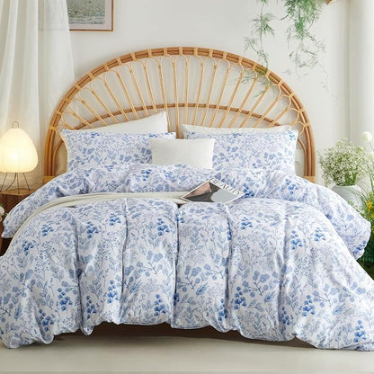 Blue Floral Duvet Cover Full 3Pcs Botanical Flower Bedding Set Soft Microfiber Cottagecore Flowers Duvet Cover Set with 2 Pillowcases(No Comforter)