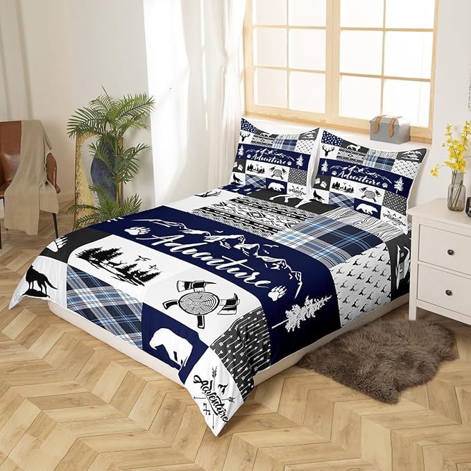 Castle Fairy Deer Bear Duvet Cover Set Full Size,Rustic Farmhouse Wildlife Patchwork Blue Comforter Cover with 2 Pillowcases,Camping Cabin Decor Boho Aztec Tribal Breathable Bedspread for Boys Teens