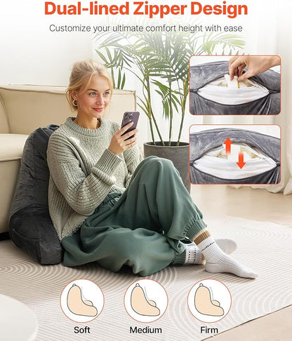 VEVOR Reading Pillow, Large Size Back Pillow for Bed Sitting Up with 3 Pockets, Sitting Pillow for Bed with Shredded Memory Foam, Bed Chair Pillow for Watching TV, Reading, Gaming, Resting, Grey