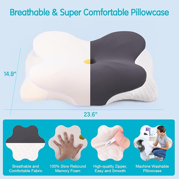 Cervical Pillow for Neck Pain Relief, Orthopedic Memory Foam Pillow with Cooling Case for Side, Back, Stomach Sleepers, Ergonomic Neck and Shoulder Support
