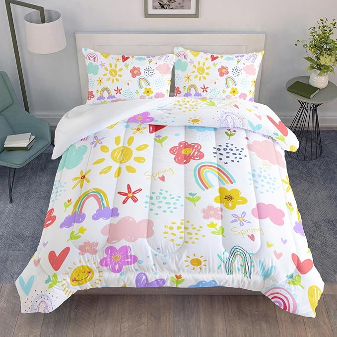 Colorful Rainbow Comforter Graffiti Cute Sun Flowers Bedding 3Pcs Twin Cartoon Hearts Cloud Pattern Quilt Set for Kids Teens Girls Boys Raindrop Bed Set with 1 Comforter and 2 Pillowcases