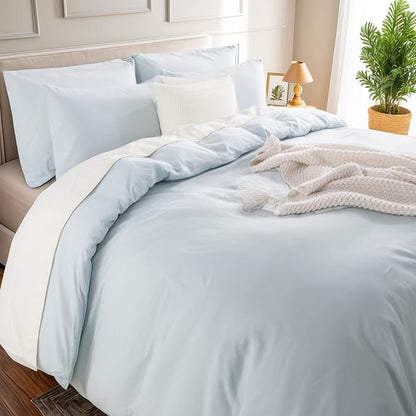 NEXHOME PRO Duvet Cover Set Queen Size Linen Look Textured Natural 100% Organic Cotton Duvet Cover 3 Pieces Bedding Set with Zipper Closure, Soft, Light Baby Blue (No Comforter)