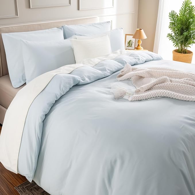 NEXHOME PRO Duvet Cover Set 100% Washed Cotton Kids Twin XL 66"x92", Organic Natural Linen Like Textured 2 Pieces Bedding Set Baby Blue with Zipper Closure & Corner Ties, Breathable(No Comforter)