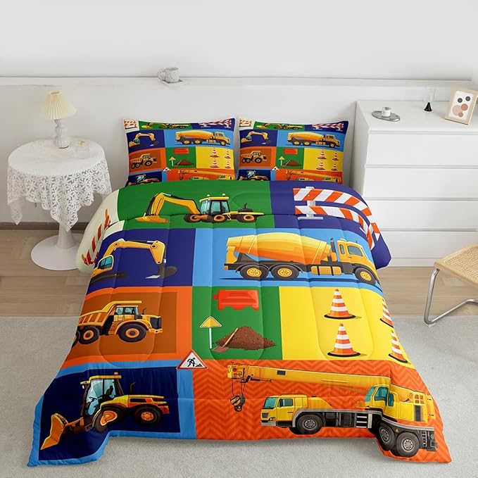 Cartoon Car Kids Comforter Set Twin Size Excavator Tractor Truck Bedding 2pcs Boys Teens Bedroom Decor Construction Vehicles Quilted Duvet Colorful Patchwork Plaid Insert,1 Pillowcase