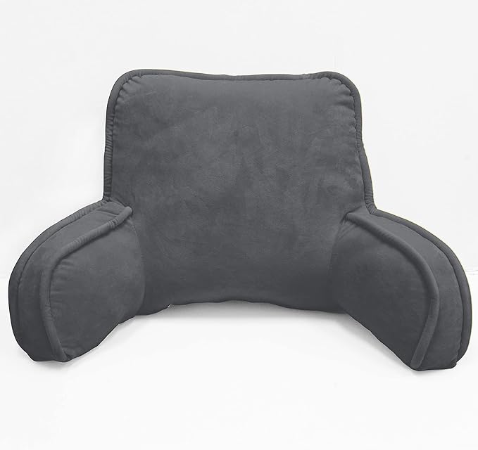 Super Soft Velvety Backrest Reading Bed Rest Pillow with Arms and Pockets 18" H for Sitting in Bed Couch Sofa, Back Support Wedge Cushion with Removable Cover, 20" x 18" x17", Dark Gray
