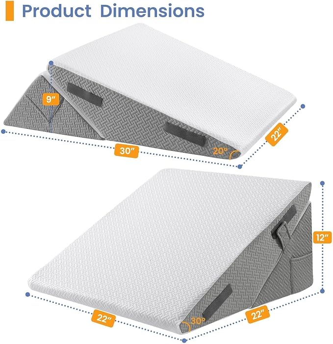 Sasttie Wedge Pillow Set for After Surgery, 2PCS Adjustable Bed Wedge Pillow Headboard with Memory Foam Neck Cushion – for Acid Reflux, Sleeping, Neck & Back Support, Dark Grey & White