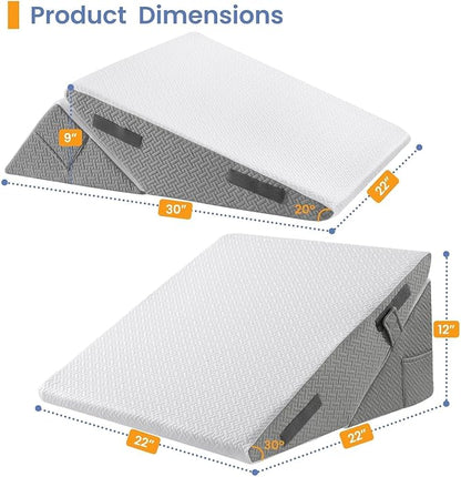 Sasttie Wedge Pillow Set for After Surgery, 2PCS Adjustable Bed Wedge Pillow Headboard with Memory Foam Neck Cushion – for Acid Reflux, Sleeping, Neck & Back Support, Dark Grey & White