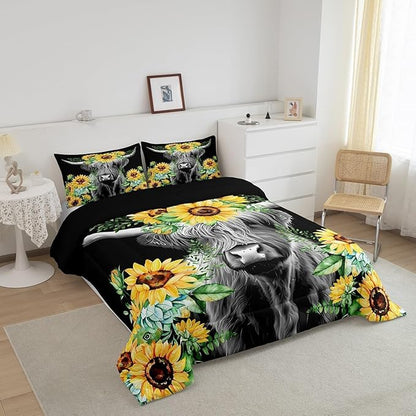 Feelyou Highland Cow Bedding Set Kids Sunflower Floral Western Cow Bull Comforter Set for Girls Teens Farmhouse Wildlife Animal Comforter Black Duvet Set Room Decor Quilt Set Toddler Size