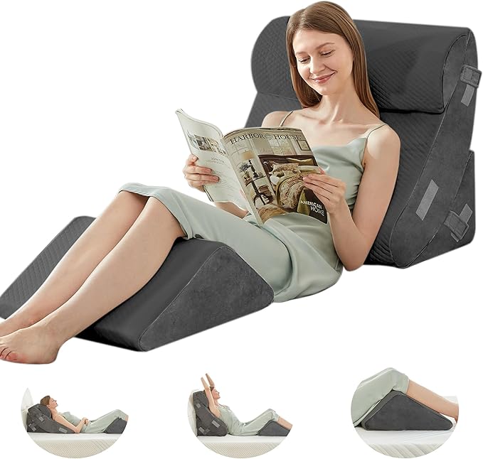 BDEUS 4PCS Bed Wedge Pillow Post Surgery, Orthopedic Sleeping Wedge Pillow Set for Back, Neck and Leg Pain Relief, Acid Reflux, GERD, Memory Foam Support Pillows for After Surgery, Grey