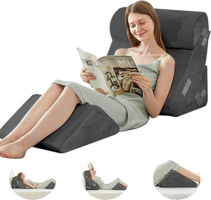 BDEUS 4PCS Bed Wedge Pillow Post Surgery, Orthopedic Sleeping Wedge Pillow Set for Back, Neck and Leg Pain Relief, Acid Reflux, GERD, Memory Foam Support Pillows for After Surgery, Grey
