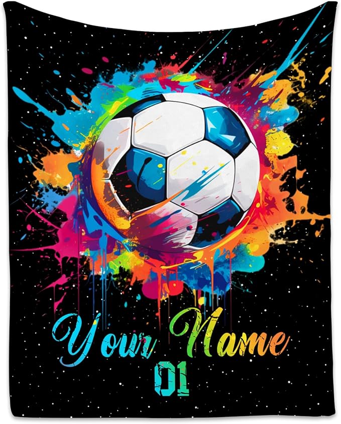 Personalized Soccer Gifts for Boys, Custom Soccer Blanket Gift for Sport Lovers, Flannel Throw Blankets for Kids Girls Teens, Sports Decorations for Room Team Player (Colorful, 60x80 Inch)