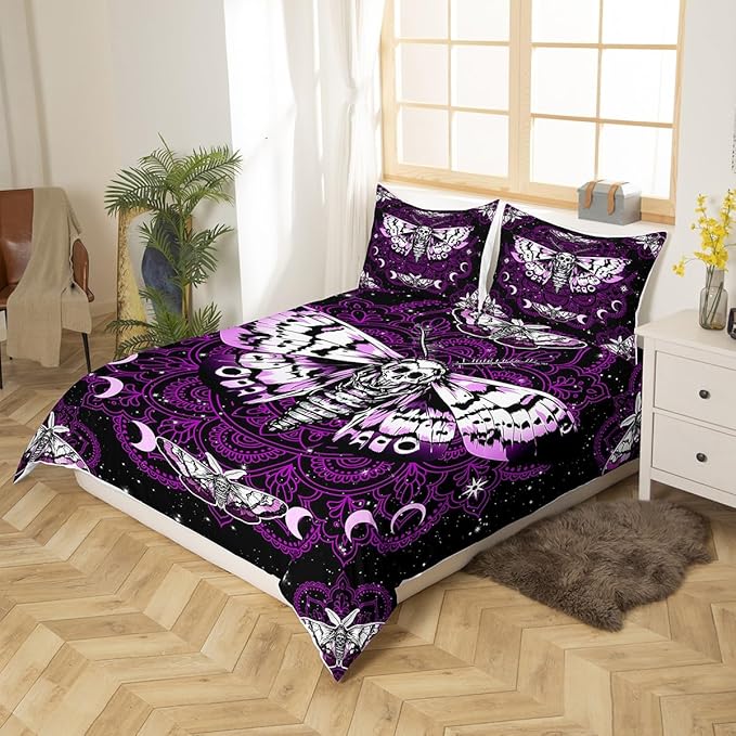 Moth Skull Duvet Cover Set King Size,Gothic Butterfly Skeleton Comforter Cover with 2 Pillowcases,Purple Mandala Stars Moon Modern Bedding Set for Adult Young Bedroom Xmas Gift