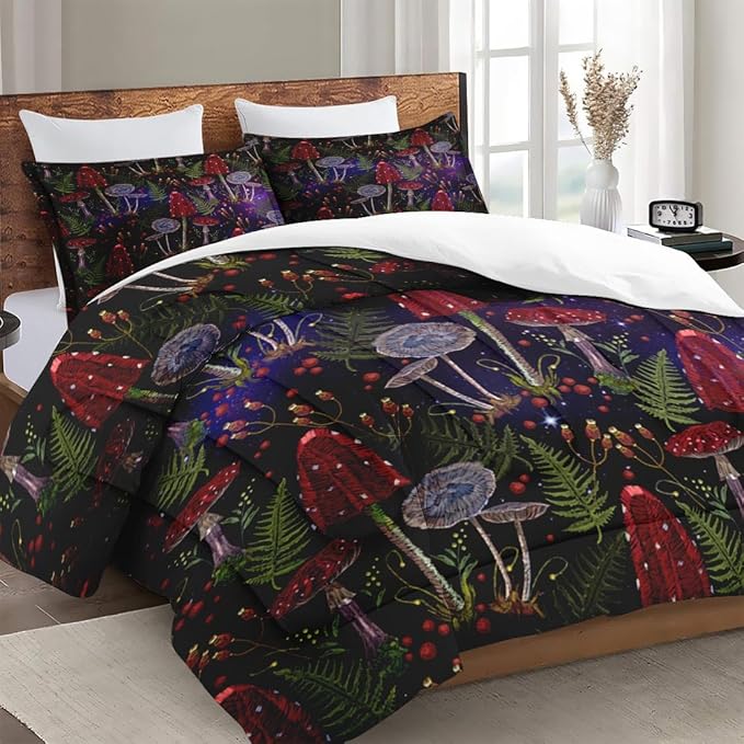 Full Size Comforter Set with 2 Pillowcases, Mushroom Gothic Fern 3 Pcs Soft Bedding for Kids and Adults, Vintage Leaf Retro Plant Comforter Set for Room Bedroom Bed Decor