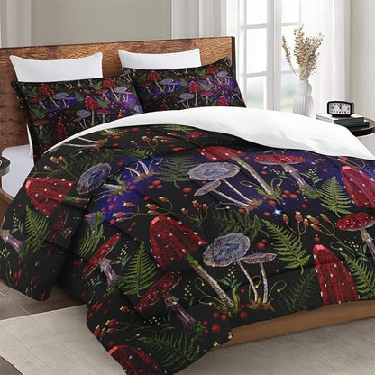 Full Size Comforter Set with 2 Pillowcases, Mushroom Gothic Fern 3 Pcs Soft Bedding for Kids and Adults, Vintage Leaf Retro Plant Comforter Set for Room Bedroom Bed Decor