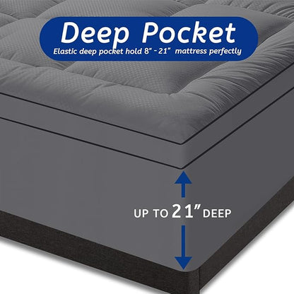 Full XL Mattress Topper for Back Pain, Cooling Extra Thick Mattress Pad Cover with 8-21 inch Deep Pocket, Plush Pillow Top Mattress Topper Overfilled with Down Alternative, Full Extra Long, Dark Grey