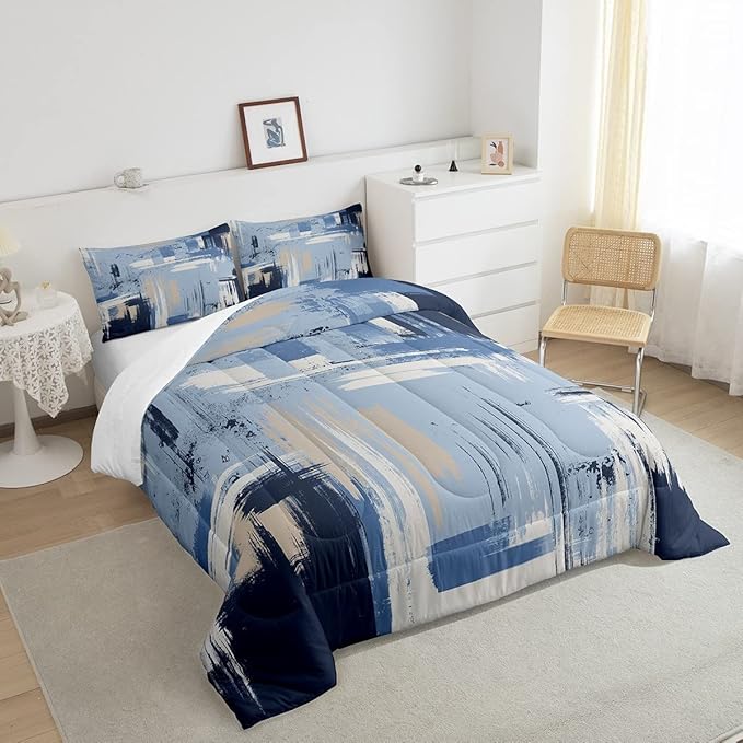 Feelyou Abstract Bedding Set Kids Modern Abstract Art Comforter Set Light Blue Black Comforter for Boys Room Decor Lightweight Duvet Set Toddler Size with 1 Pillow Case