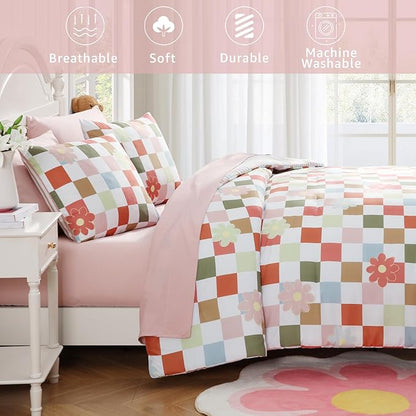 Queen Comforter Set for Girls, Colorful Checkered Bedding Set with Cute Floral, All Season Plaid Kids Bed in a Bag 7 Pieces with Sheets, Pillowcases & Shams