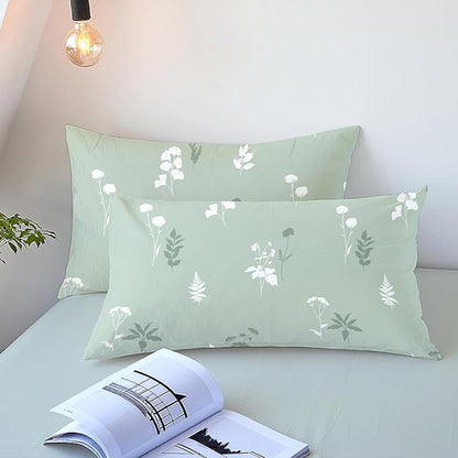 Floral Duvet Cover Queen Size Sage Green Botanical Bedding Set with White Flower 3 Pcs Women Men Romantic Floral Silhouette Ultra Soft Reversible Fall Duvet Cover with Zipper Closure