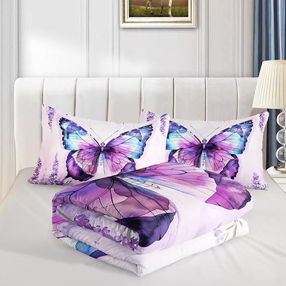 Beautiful Butterfly Comforter Set Full Size,Blossoming Lavender Flowers Bedding Set for Kids Girls Toddlers Room Decor,Nature Insect Themed Comforter Sets with 2 Pillowcases.