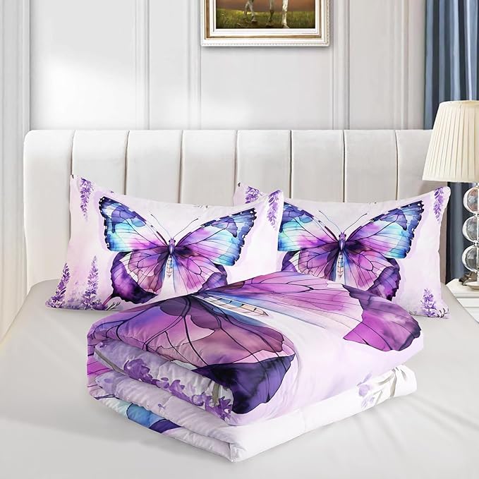 Beautiful Butterfly Comforter Set Twin Size,Blossoming Lavender Flowers Bedding Set for Kids Girls Toddlers Room Decor,Nature Insect Themed Comforter Sets with 2 Pillowcases.