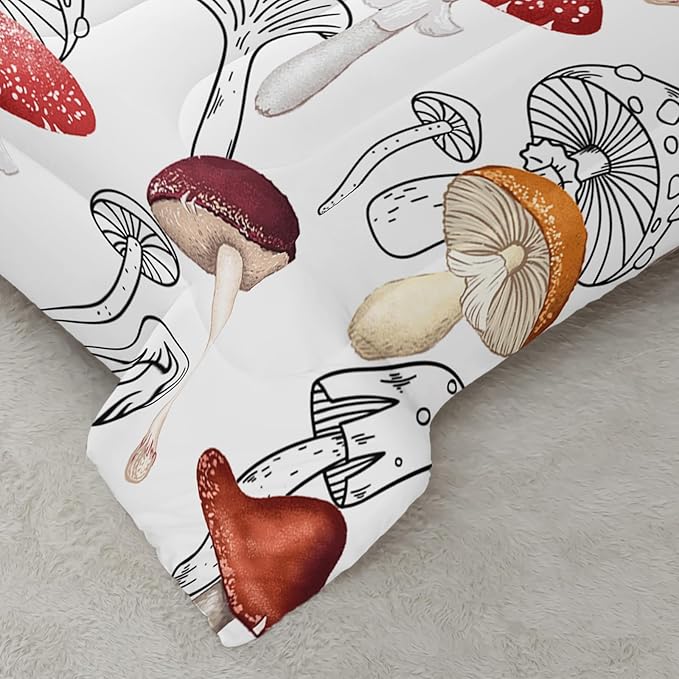 Mushroom Bedding Set for Girls Boys Queen Size, Botancial Fungus Comforter, Cute Mushroom Plants Quilt with 2 Pillowcases for Room Decor