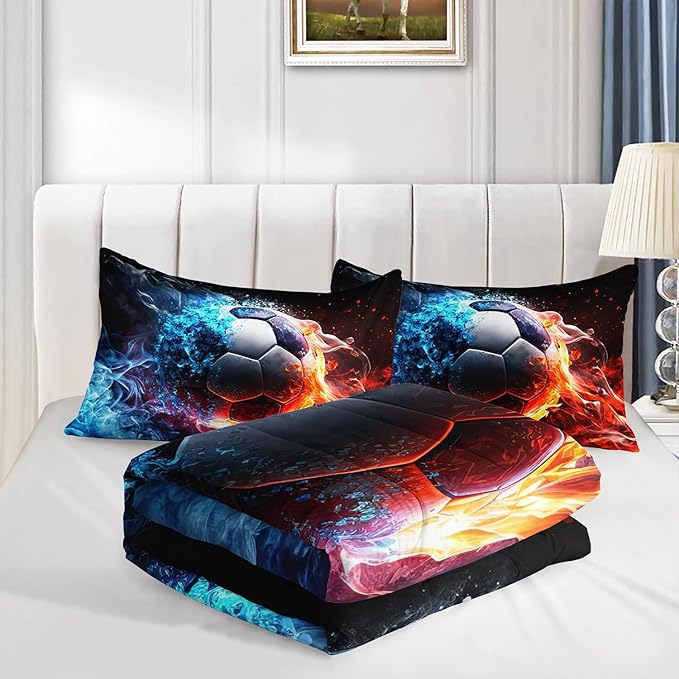 Soccer Print Themed Comforter 3Pcs Full Gaming Sport Soccer Bedding Set for Kid Teen Girl Boy Adult Balls Sports Games Ice and Fire Football Quilt Room Decor with 1 Comforter and 2 Pillowcases