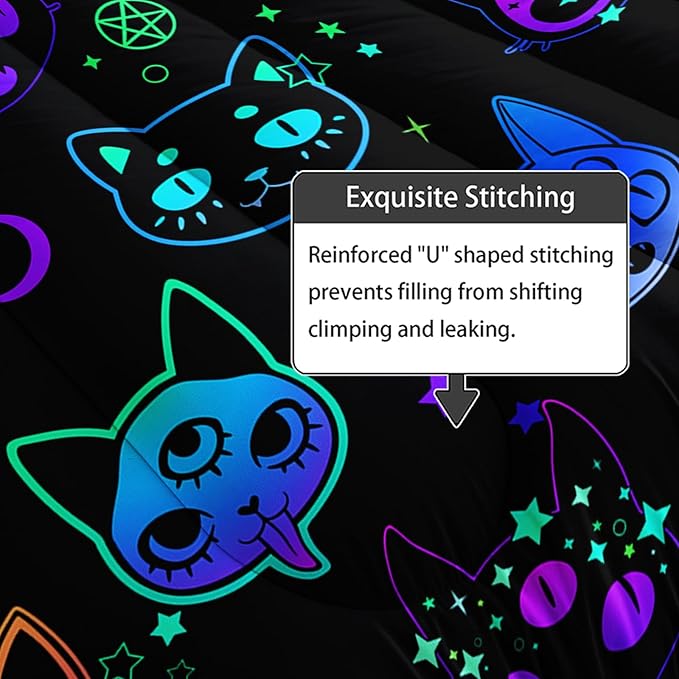 Axolotl Cat Comforter Set King,Kawaii Gradient Cat Bedding with 1 Comforter 2 Pillowcases,Colorful Neon Cats Animal Bed Set,Moon Stars Bedding for Kids Boys Girls Teens Adults Room Decor All Season,