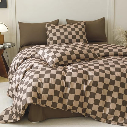 Wellboo Brown Plaid Comforter Sets Full Size Dark Brown and Cream Coffee Checkerboard Grid Bedding Comforters Cotton Women Men Modern Taupe Checkered Geometric Quilts Soft Luxury Brown Abstract Bed