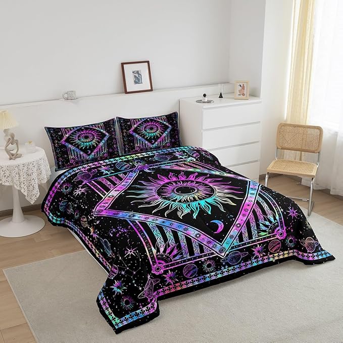 Castle Fairy Colorful Psychedelic Comforter Set Boho Mandala Bedding Set for Kids Girls Women Adults Sun Moon Star Planet Comforter Galaxy Quilted Duvet Set Bedroom Collection Twin Pink 2Pcs