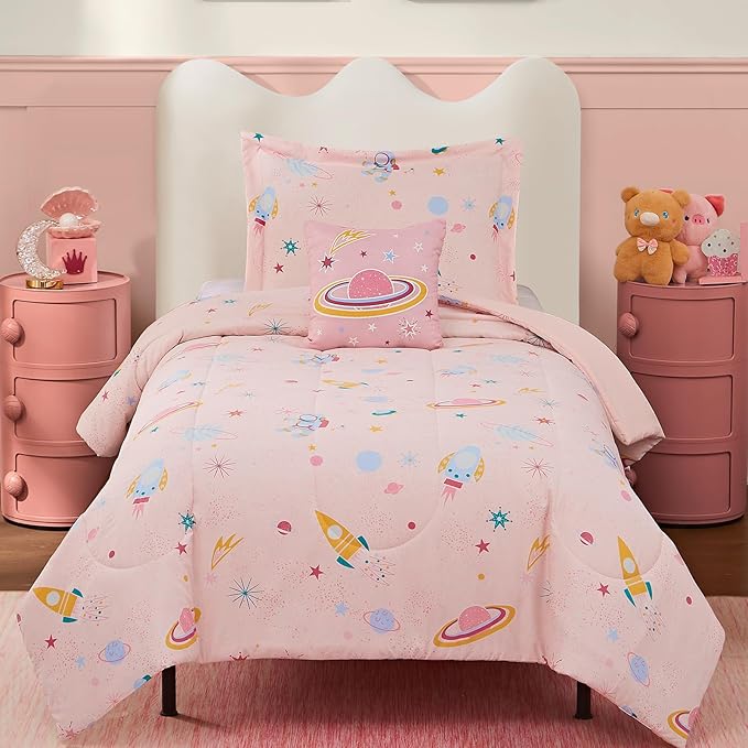 Twin Comforter Set for Girls-3 Pieces Space Glow in The Dark Twin Bedding Sets for Kids,1 Comforter,1 Sham and 1 Decor Pillow