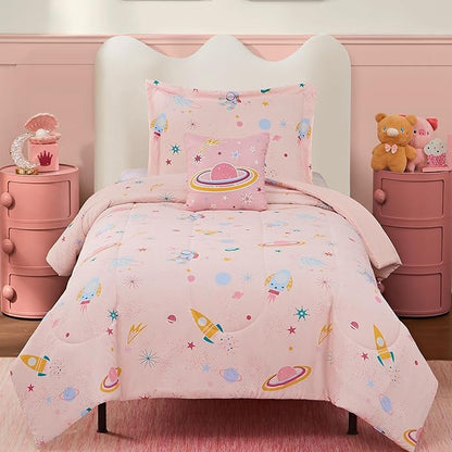 Twin Comforter Set for Girls-3 Pieces Space Glow in The Dark Twin Bedding Sets for Kids,1 Comforter,1 Sham and 1 Decor Pillow
