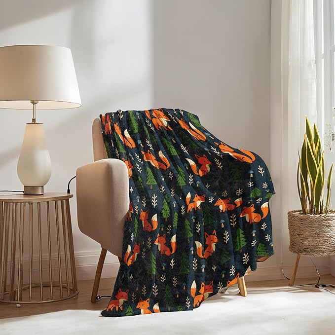 Fox Blanket Gifts for Boys Girls Kids, Cute Woodland Animal Warm Soft Flannel Throw Blankets for Travel, Sofa, Living Room, Bedroom Decor, 60x80 in