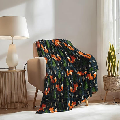 Fox Blanket Gifts for Boys Girls Kids, Cute Woodland Animal Warm Soft Flannel Throw Blankets for Travel, Sofa, Living Room, Bedroom Decor, 60x80 in