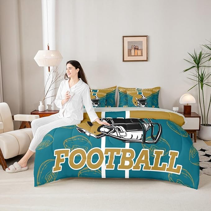 Feelyou Football Comforter Set with Sheets 7 Piece Full Size Ball Games Bed in a Bag Kids Boys Girls Rugby Bedding Set City of Footballs Bedroom Decor Rugby Sports