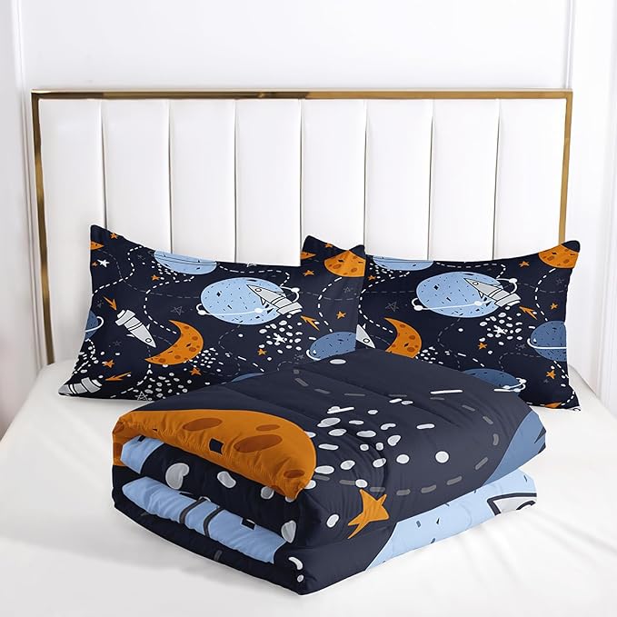 Space Bedding Comforter Set Full Size for Kids Teens and Adults Rockets and Planets Printed for Bedroom Soft Microfiber All Season Print Quilt Set with 1 Comforter and 2 Pillow Case