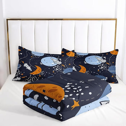 Space Bedding Comforter Set Twin Size for Kids Teens and Adults Rockets and Planets Printed for Bedroom Soft Microfiber All Season Print Quilt Set with 1 Comforter and 2 Pillow Case